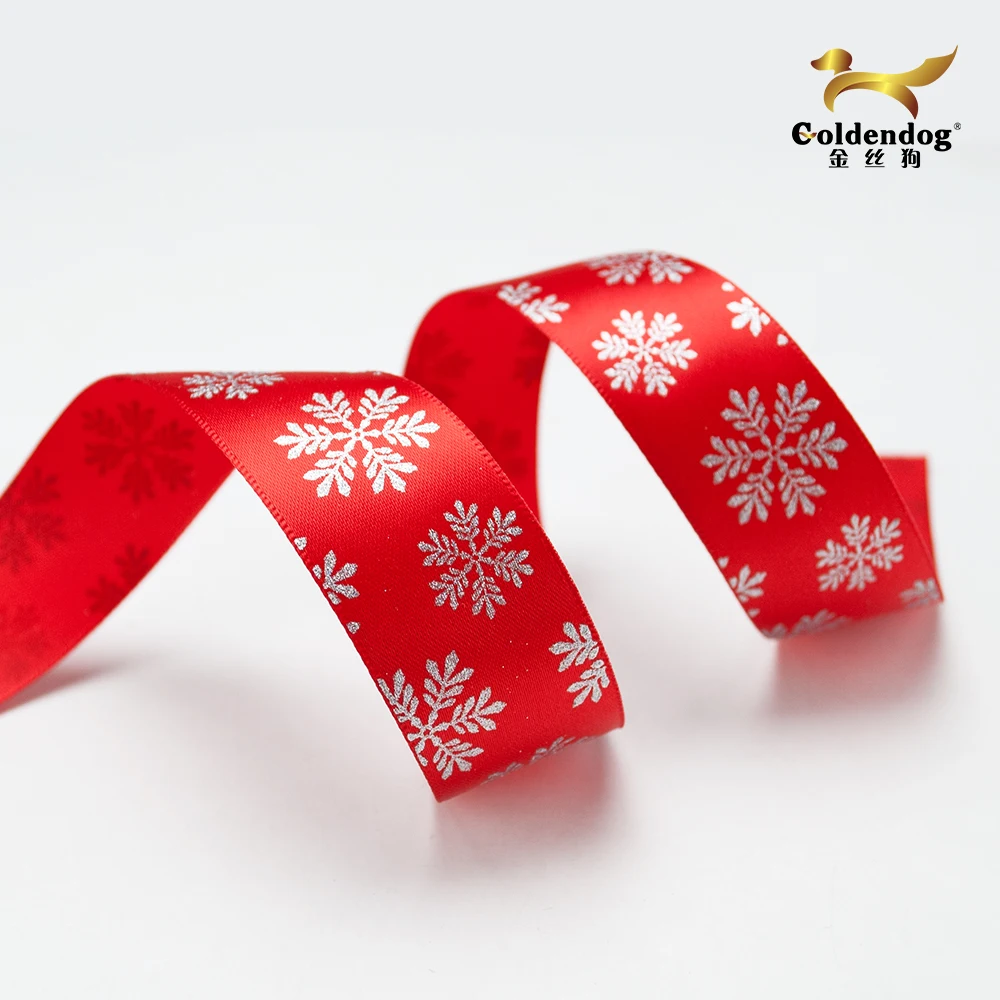 Manufacturer of single face red polyester ribbon satin christmas printed sliver and gold snow ribbon 25mm
