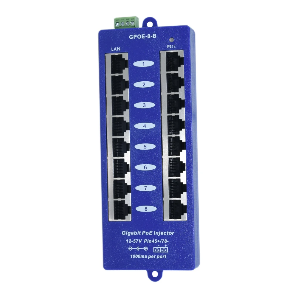 GPOE-8B Multi port 10/100/1000 24v 48v 56v Passive Gigabit Poe Injector 8 Port