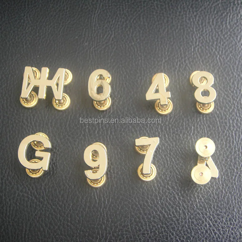 Wholesale Souvenir Gold Number Letter Shaped Lapel Pin Badges with Screws and Nuts