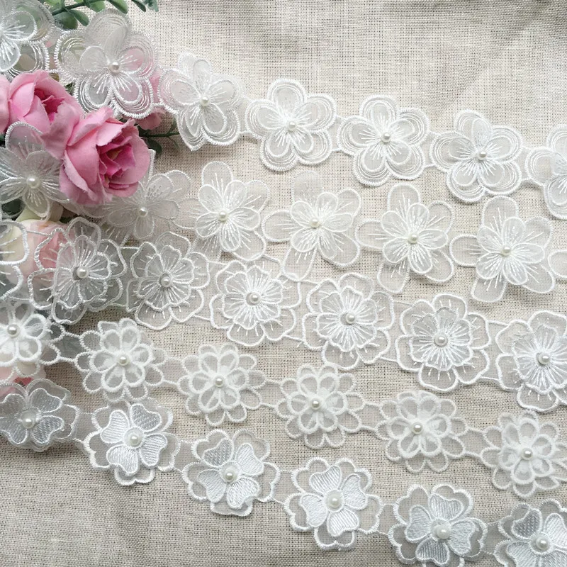 Wholesale beaded flower wedding accessories diy decorative Pearl flower embroidery water soluble lace trim