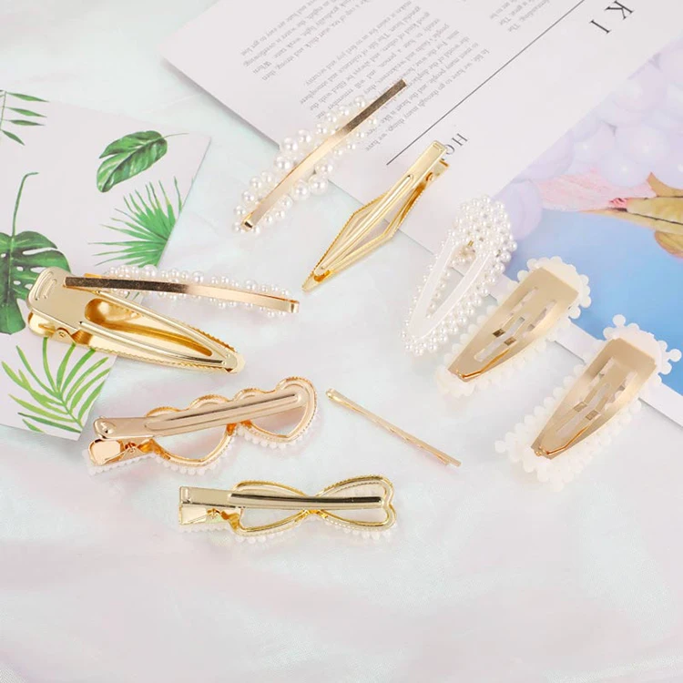 Korean Latest Women Kid Pearl Crystal Hairpin Metal Gold Snap Bow Hair Clips Extensions Bride Hair Accessories Jewelry