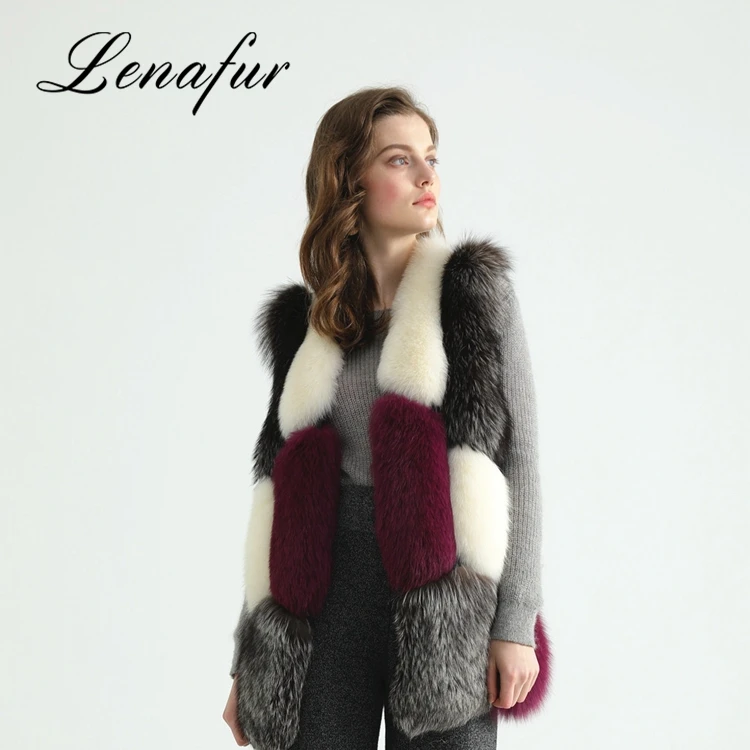 Большие 5 размеров серый вино бежевый цветовой гаммы молодая леди мода длинный Лисий мех без рукавов жилет, жилет из меха лисы