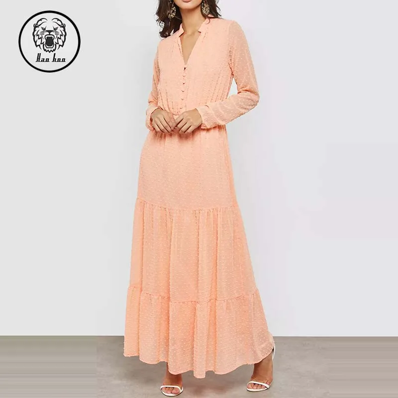 Shopping Fashion Women Custom Button Front Clip Dot Ruffle Maxi Dress Long Dresses Women Summer Dress