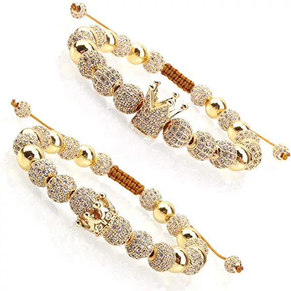 High Quality Luxury CZ Pave Crown Real Gold Plated Queen&King Crown Charm Bead Macrame Couple Bracelet For Women Men