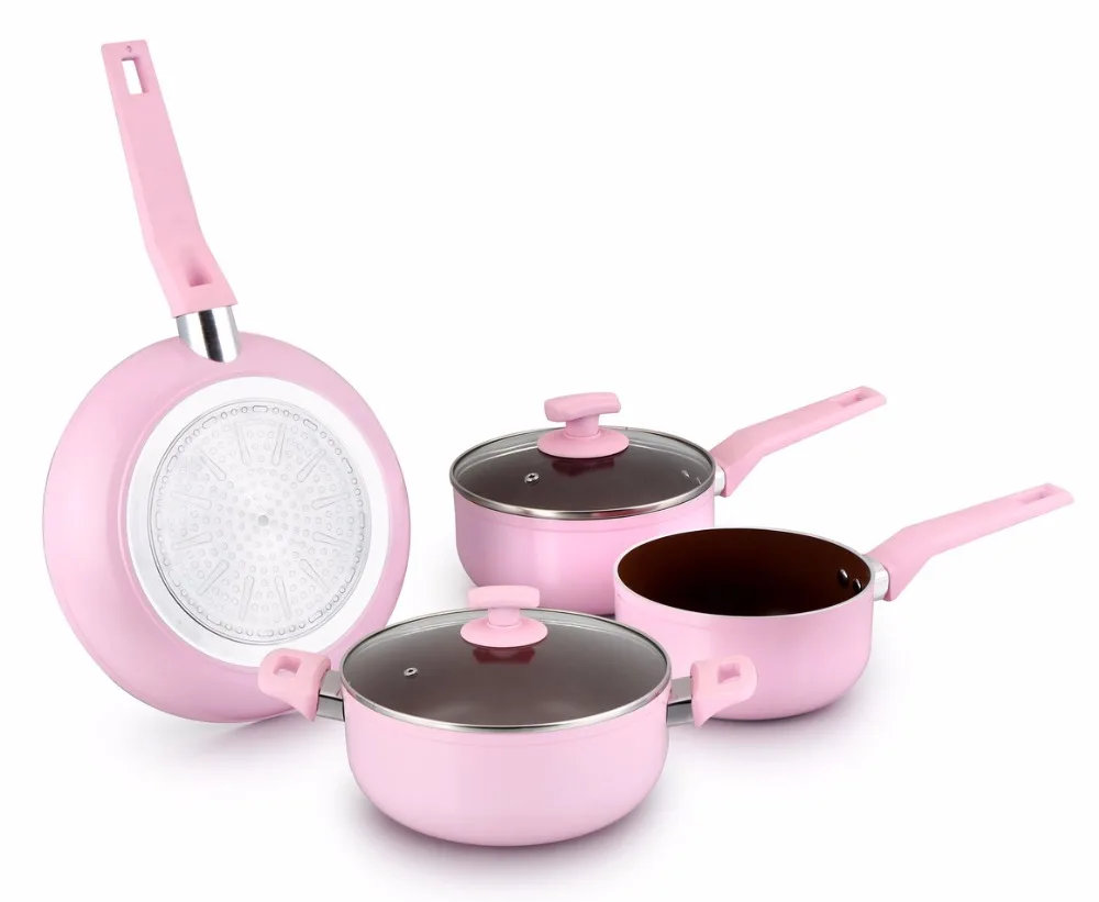 Pink 6-pcs Aluminum nonstick cookware set with copper interior coating for induction cooker