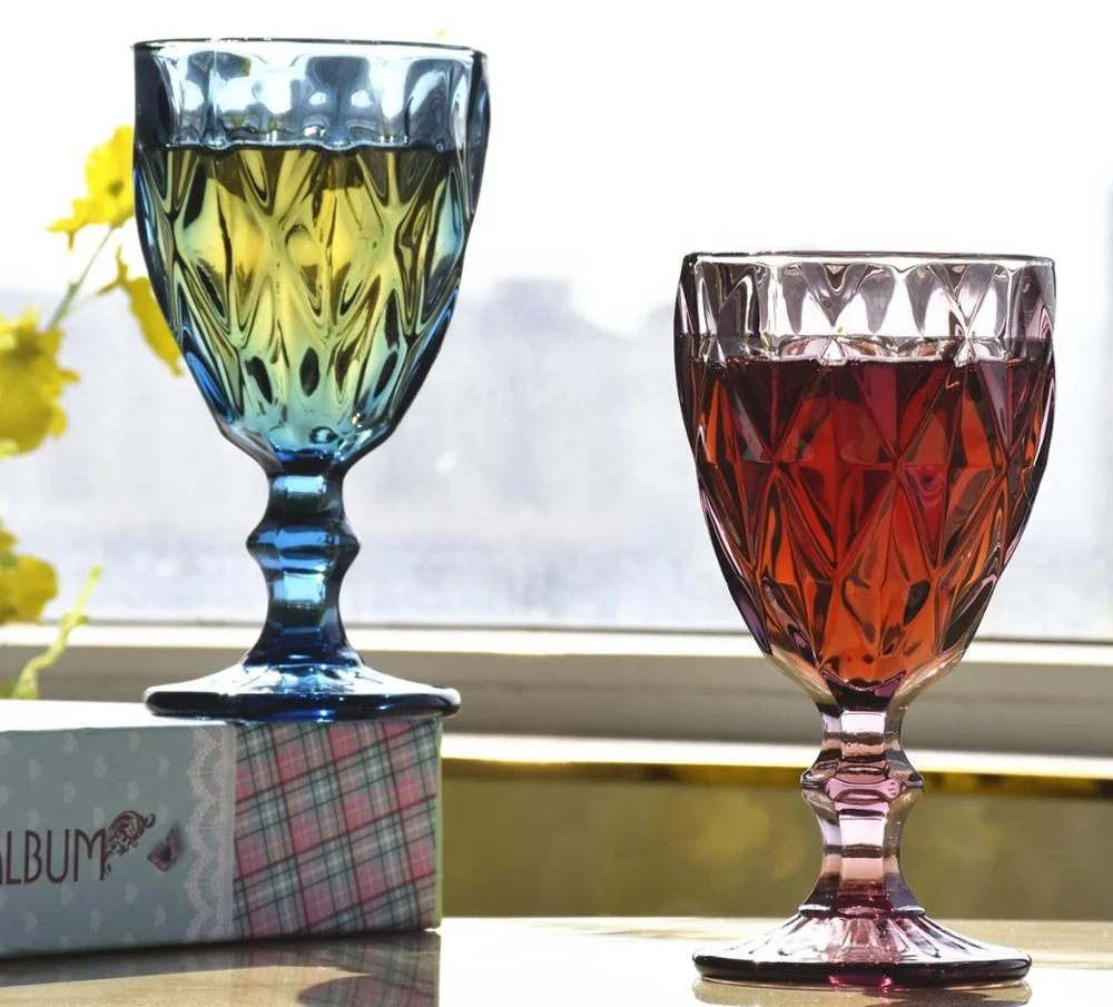 Wholesale Stocked Cheap Embissed Novelty Decorative Colored Water Glass Heavy Base Wine Glass For Wedding and Party