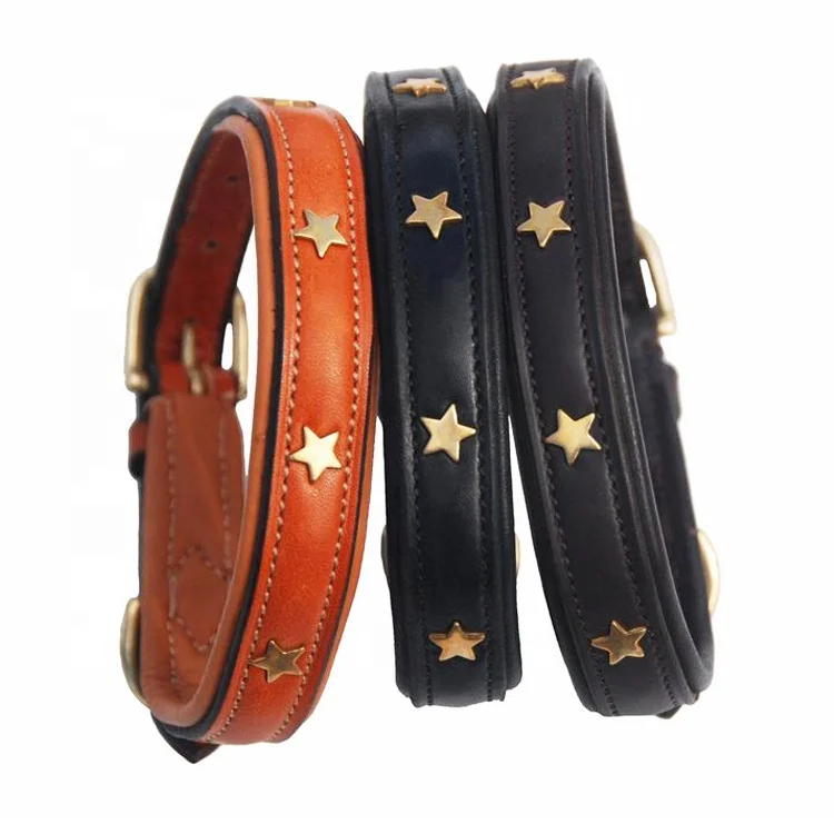 Оптовая продажа, ошейник для собак из натуральной кожи со звездами на подкладке и мягкой подкладке с цельной латунной фурнитурой