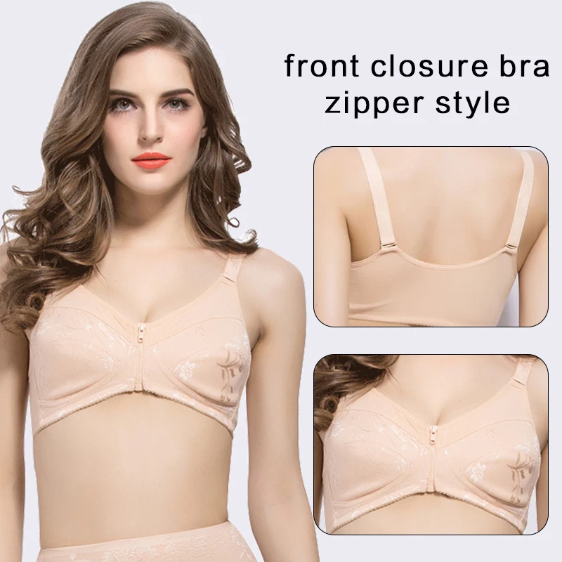 ONEFENG Breast Forms Mastectomy Bra Color 6013 100% Cotton Front Closure Zipper Designed with Pockets for Breast Implants Beige
