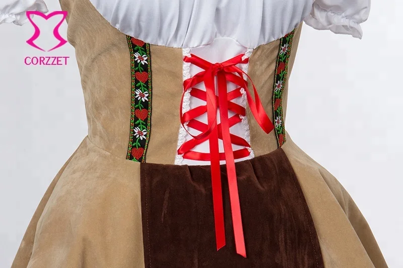 Corzzet Modern Apricot Deutsch Traditional Dirndl with Offer Shoulder Classic Oktoberfest Maid Costume Halloween Cosplay Uniform
