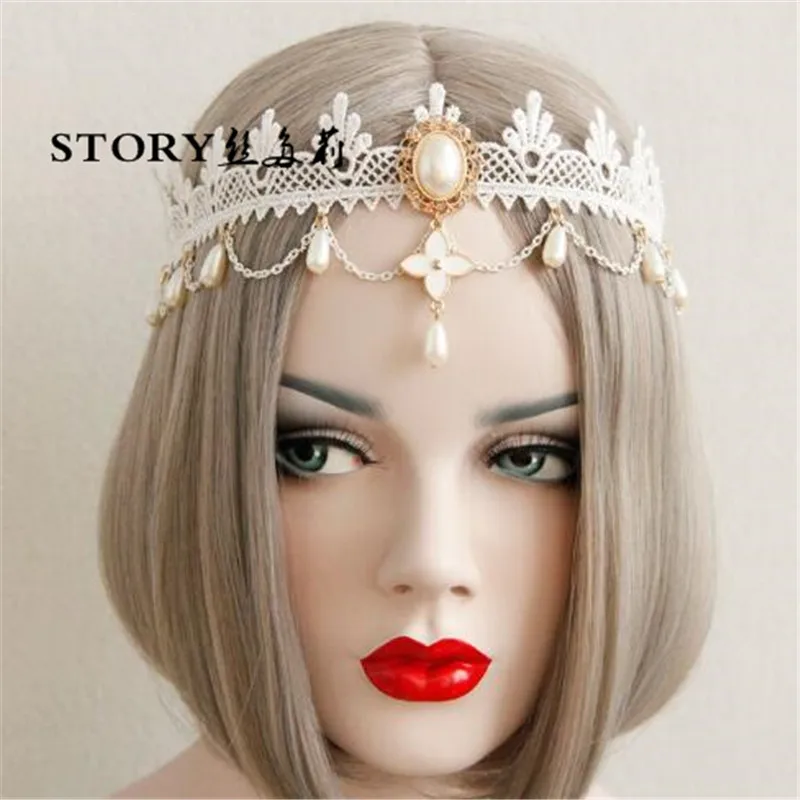 wedding bride lace flower pearl beaded forehead crown tiara headband