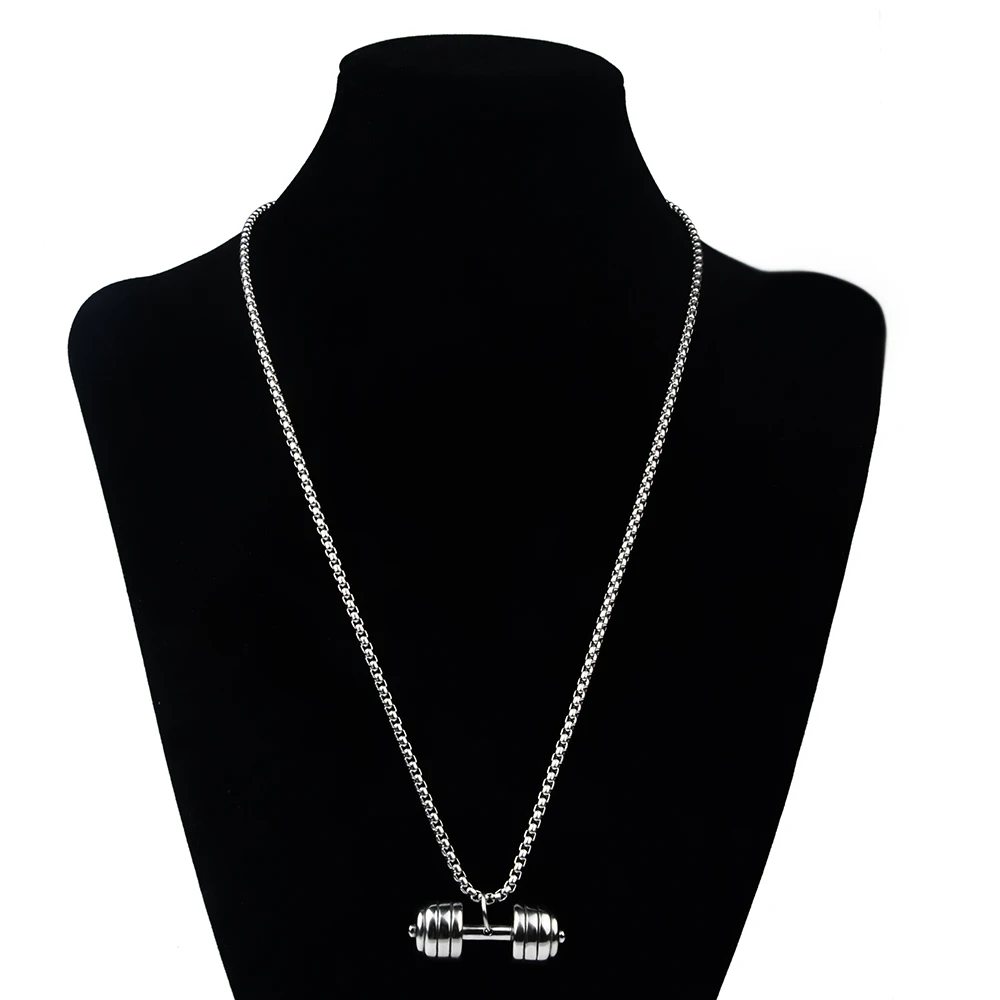 Trendy Rock Hip-Hop Jewelry Long Chain Barbell Stainless Steel Pendant Necklace for Men Women Unisex