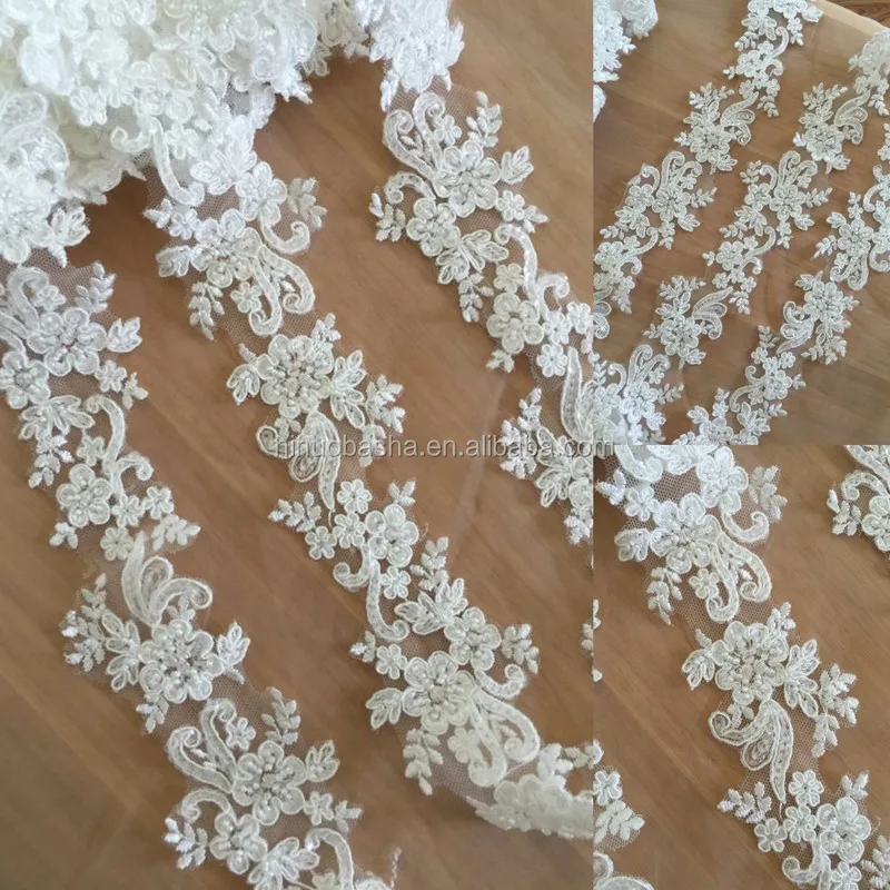 
NW1136 Exquisite Beaded Alencon Lace Trim , Bridal Veil Lace, Scallop Wedding Gown Lace Trim , Bridal Dress Straps 