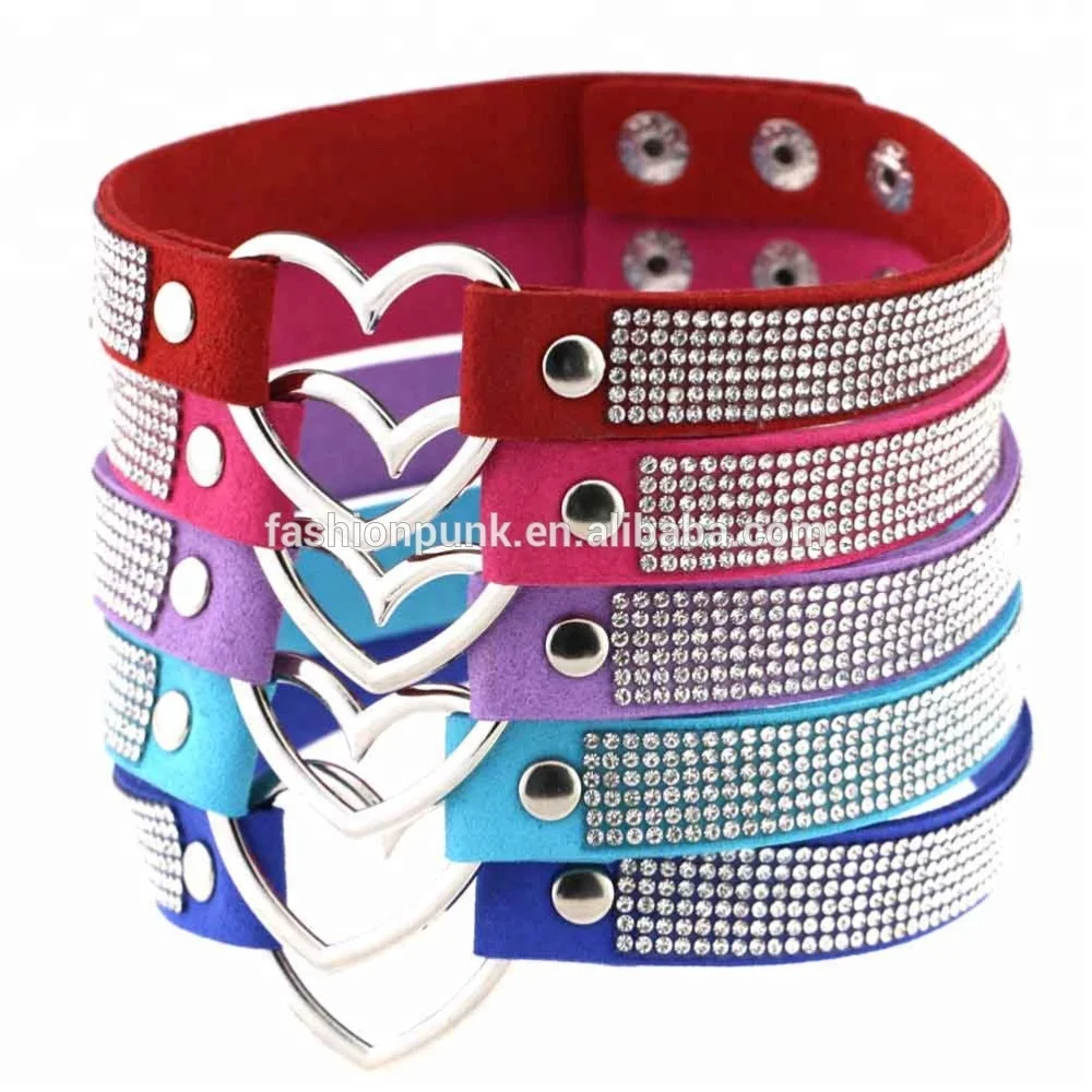 Punk Gothic Shiny Rhinestone Matte Leather Heart Choker Snap Button Collar Necklace