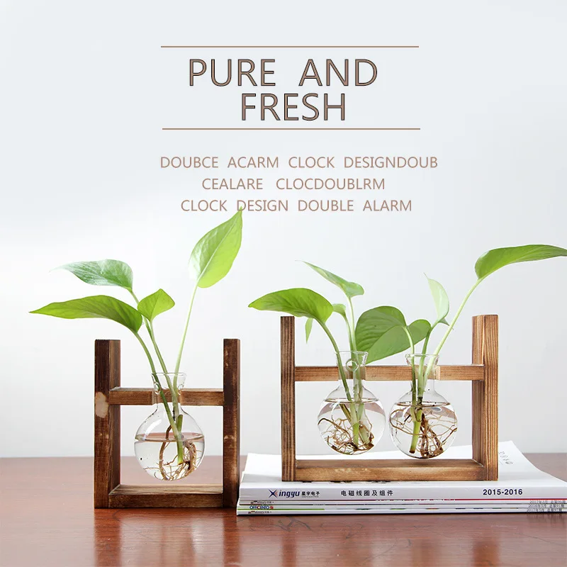 Creative Wooden Hydroponic Container Transparent Glass Vase for Green Plant Desktop Decoration for Home Use on the Floor