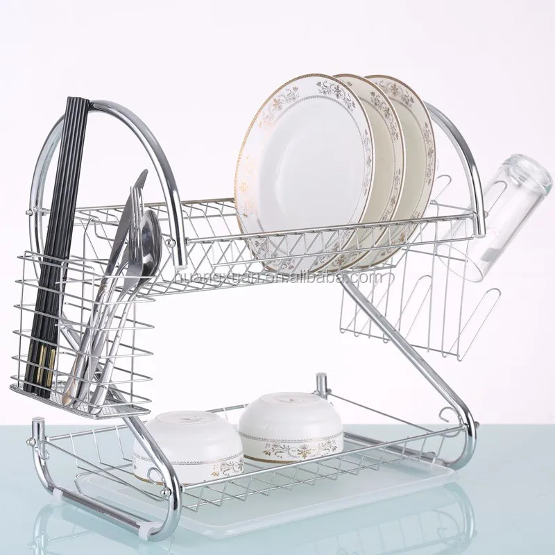 2 Tiers Removable Restaurant Industrial Dish Drying Rack With Cup And Cutlery Holder