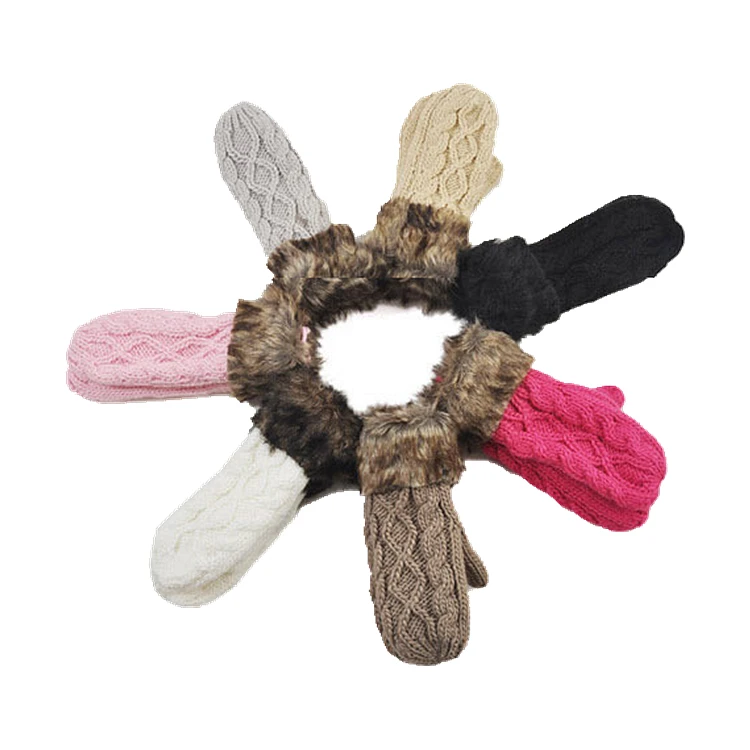 Wholesale fashion ladies women winter thick acrylic knit Hang Neck Wrist Knit Gloves, soft Weaving Knitted Mittens