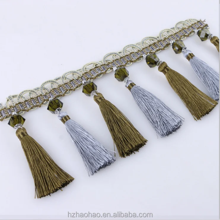 Decorative Crystal beaded Two Color tassel fringe for curtain