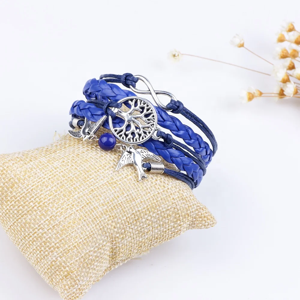 Alloy tree of life charm & birds charm multilayer leather braid bracelet womens fashion leather bracelet