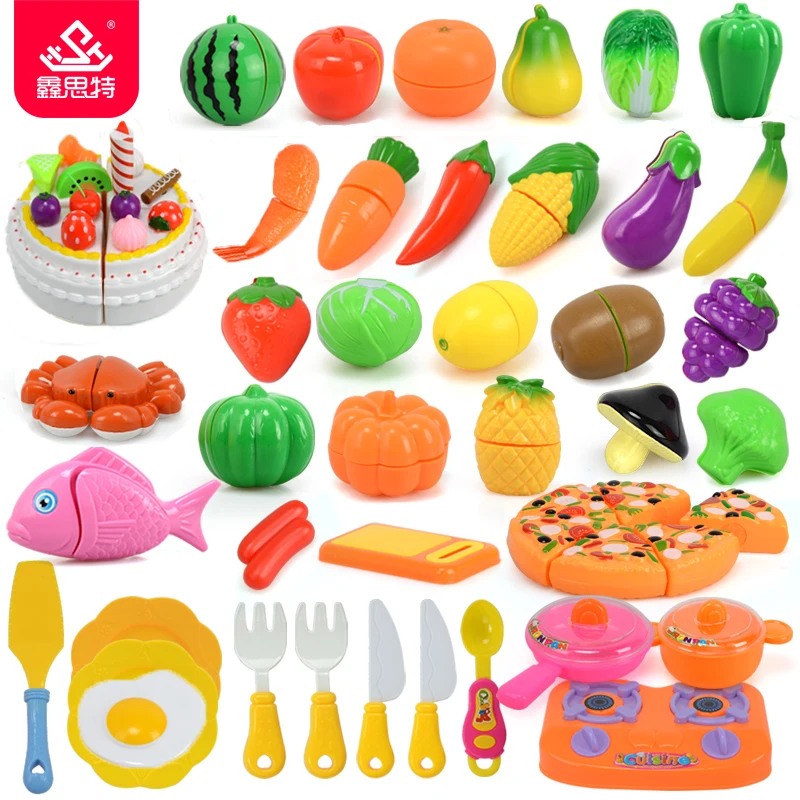Kids Pretend Play Plastic Kitchen Food Set Trolley Basket Fruit Stand Cutting Fruit And Vegetable Toy