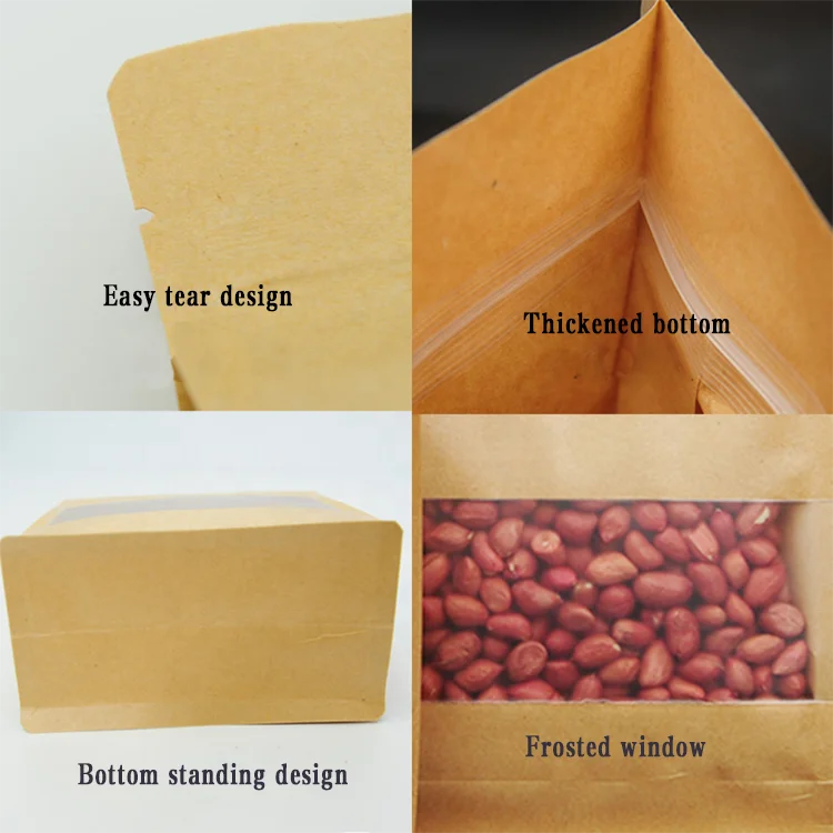 Wholesale Reusable Flat bottom Heat-Sealable Zipper Kraft Stand Up Pouches with Matte Window