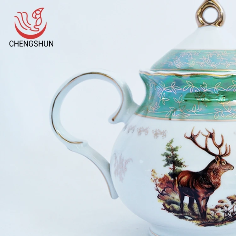 10 Inch Green Gold Leaf Elk Ceramic Teapot