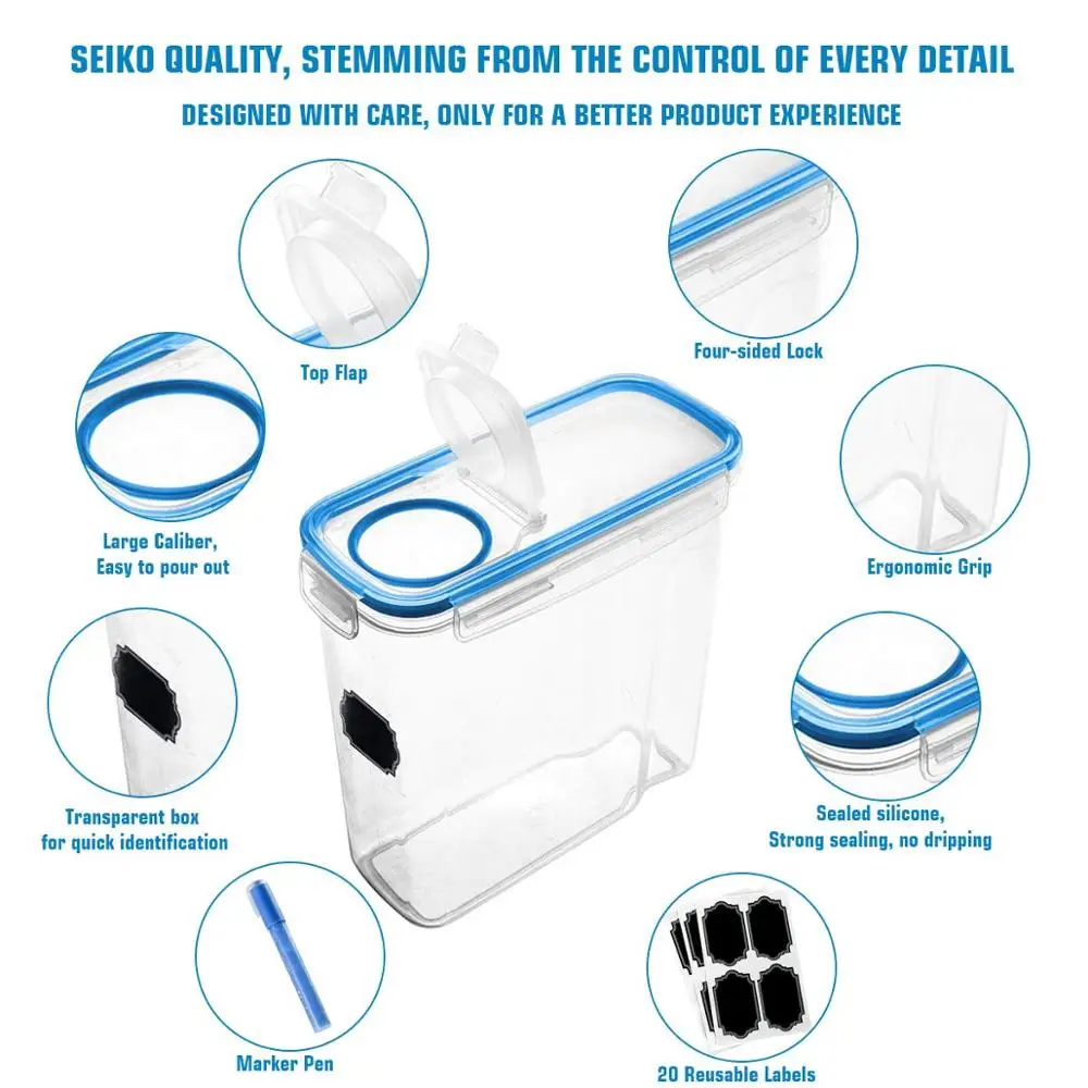 Stackable Large Kitchen Plastic Dry Cereal Food Storage Containers with Colorful Lids