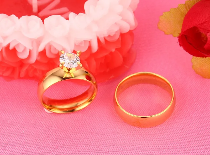 Classical Gold CZ Engagement Stainless Steel Couple Rings Jewelry