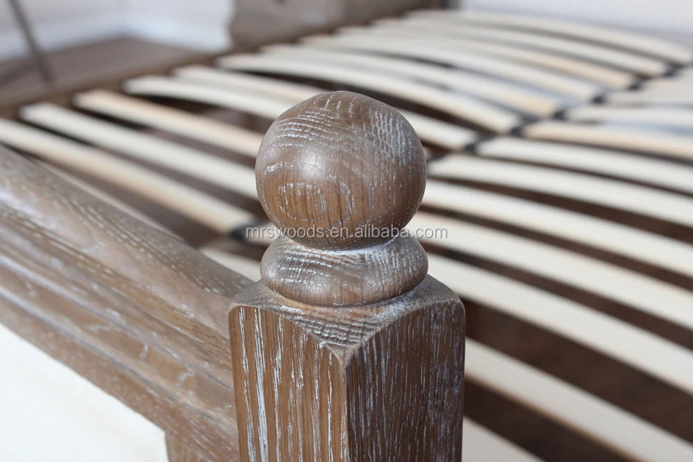 Linen upholstered french weathered oak bed frame