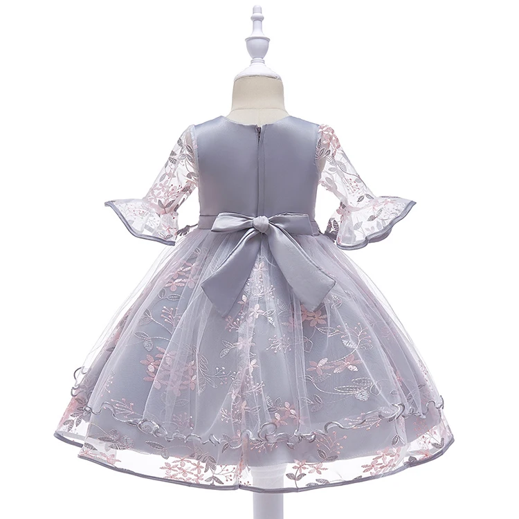 
Summer Embroidery Flower Girls Party Evening Dress Flare Sleeve Pink Gray Color Free Shipping 