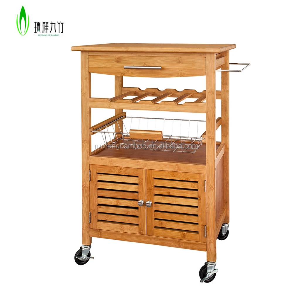 Bamboo wooden 1 wire basket 1 shelf kitchen trolley with wheels