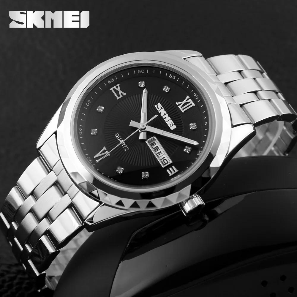 Skmei 9100 Brand Luxury Men Wrist Watches Business Date Week Clock Quartz Waterproof Elegant Diamond Stainless Steel Hand Watch