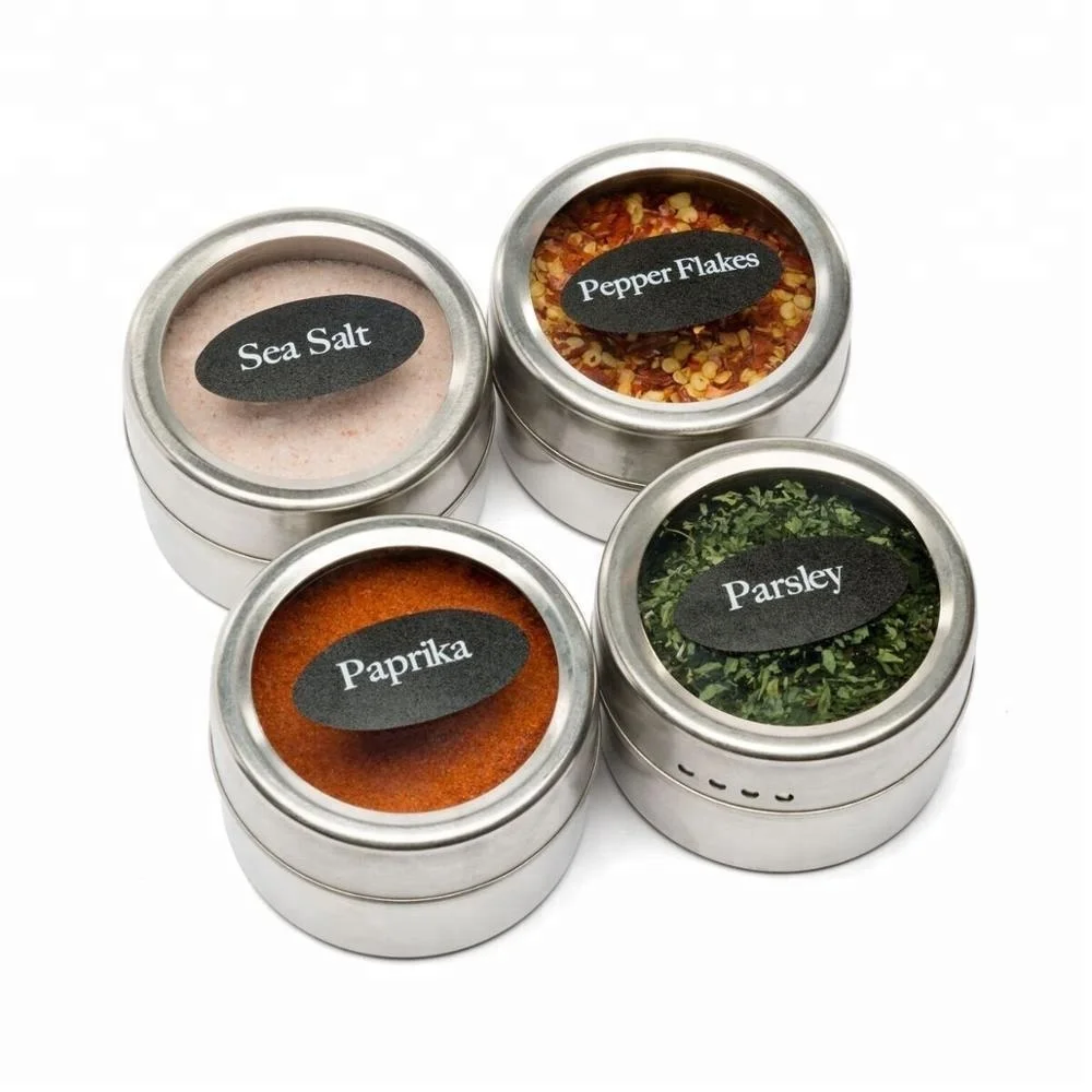 Spice Magnetic Tins Stainless Steel Sift Hinged Lids Spice Jars Seasonings Shaker , Pour Slots