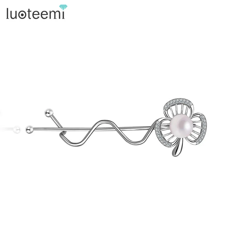LUOTEEMI Wholesale Fashion Korean New Design White Gold S Shape Clear Cubic Zircon White Pearl Flower Claw Jaw Hair Clips