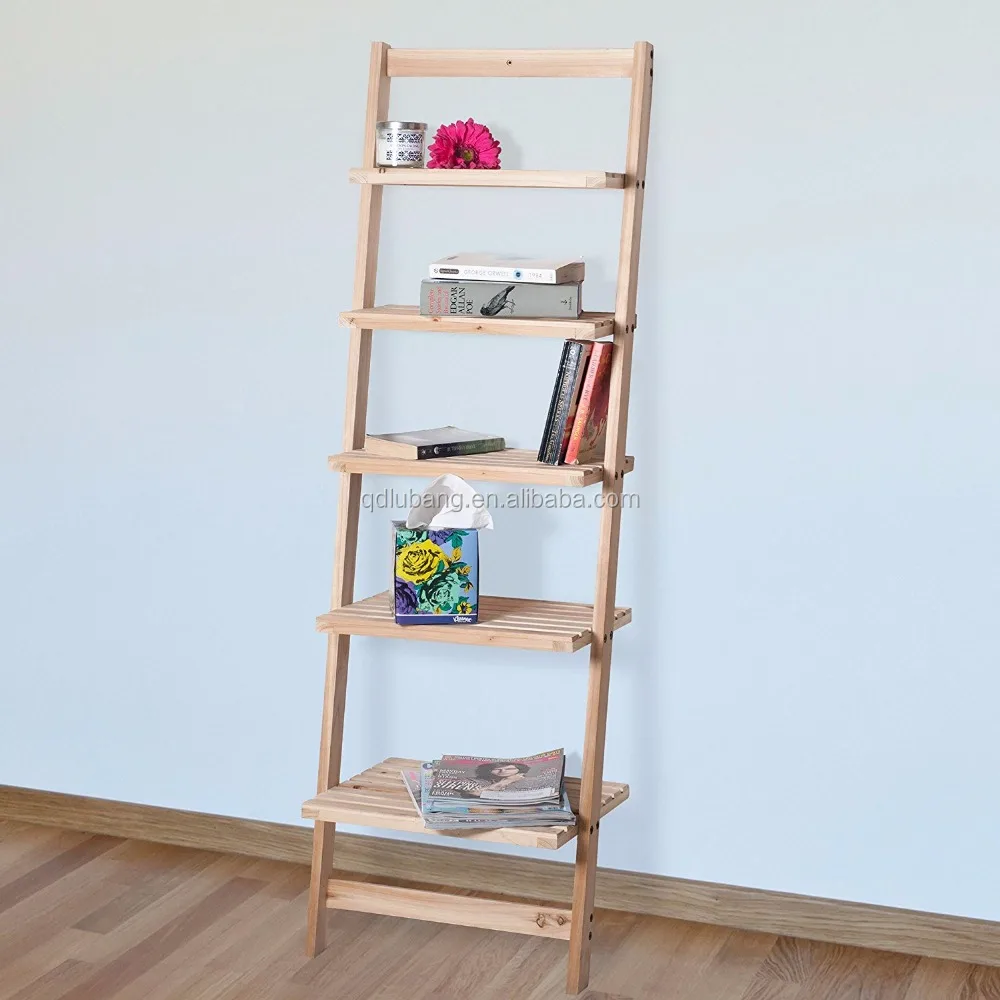 Book Shelf for Living Room, Bathroom, and Kitchen Shelving Home- 5-Tier Decorative Leaning Ladder Shelf- Wood Display Shelving