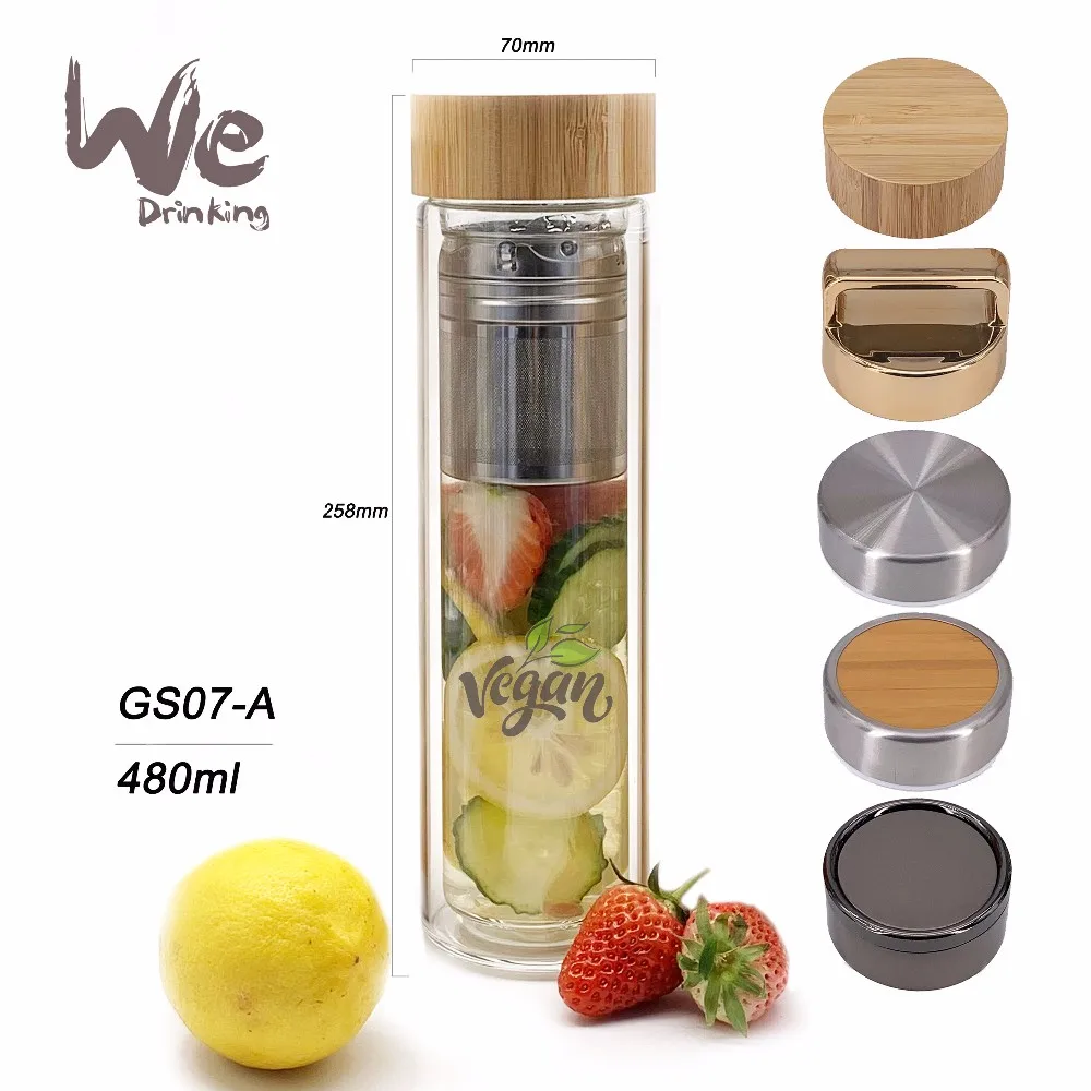 GS07-A 480ml Double Wall Glass Tea Infuser Tumbler with Fruit Filter and Strainer for Tea Fruit Coffee Brewer and Detox Tea