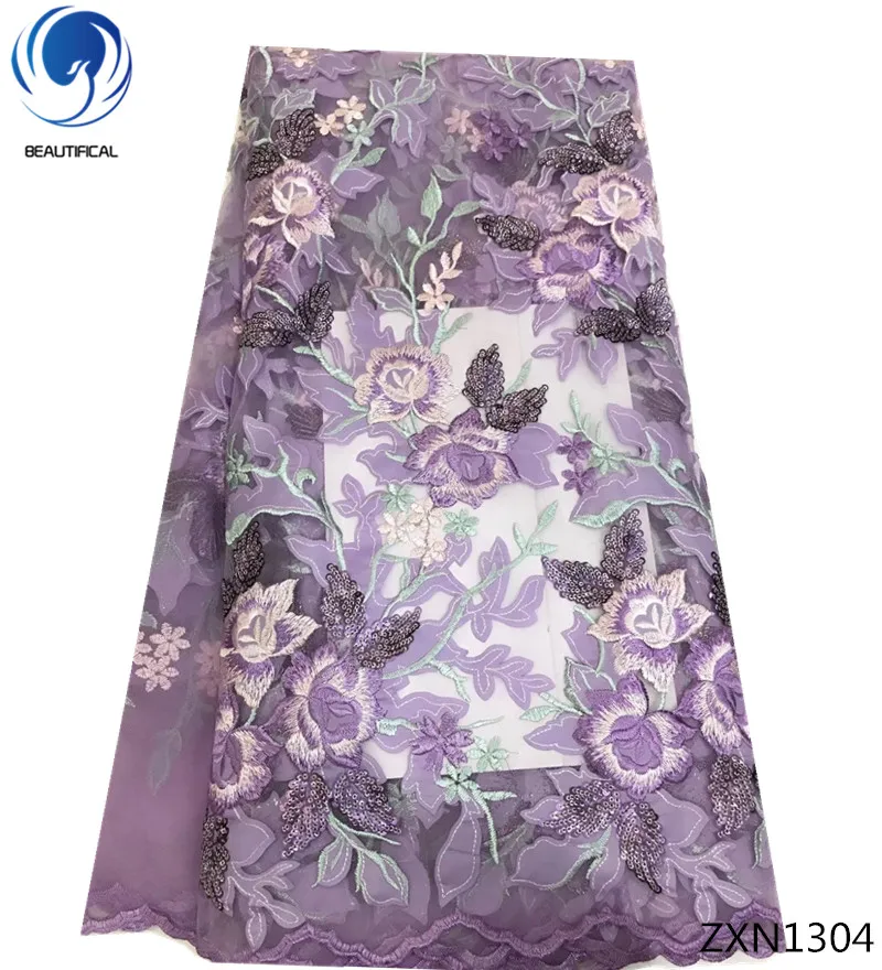 Beautifical african fabric mesh flower embroidery sequin net lace navy blue tulle ZXN13
