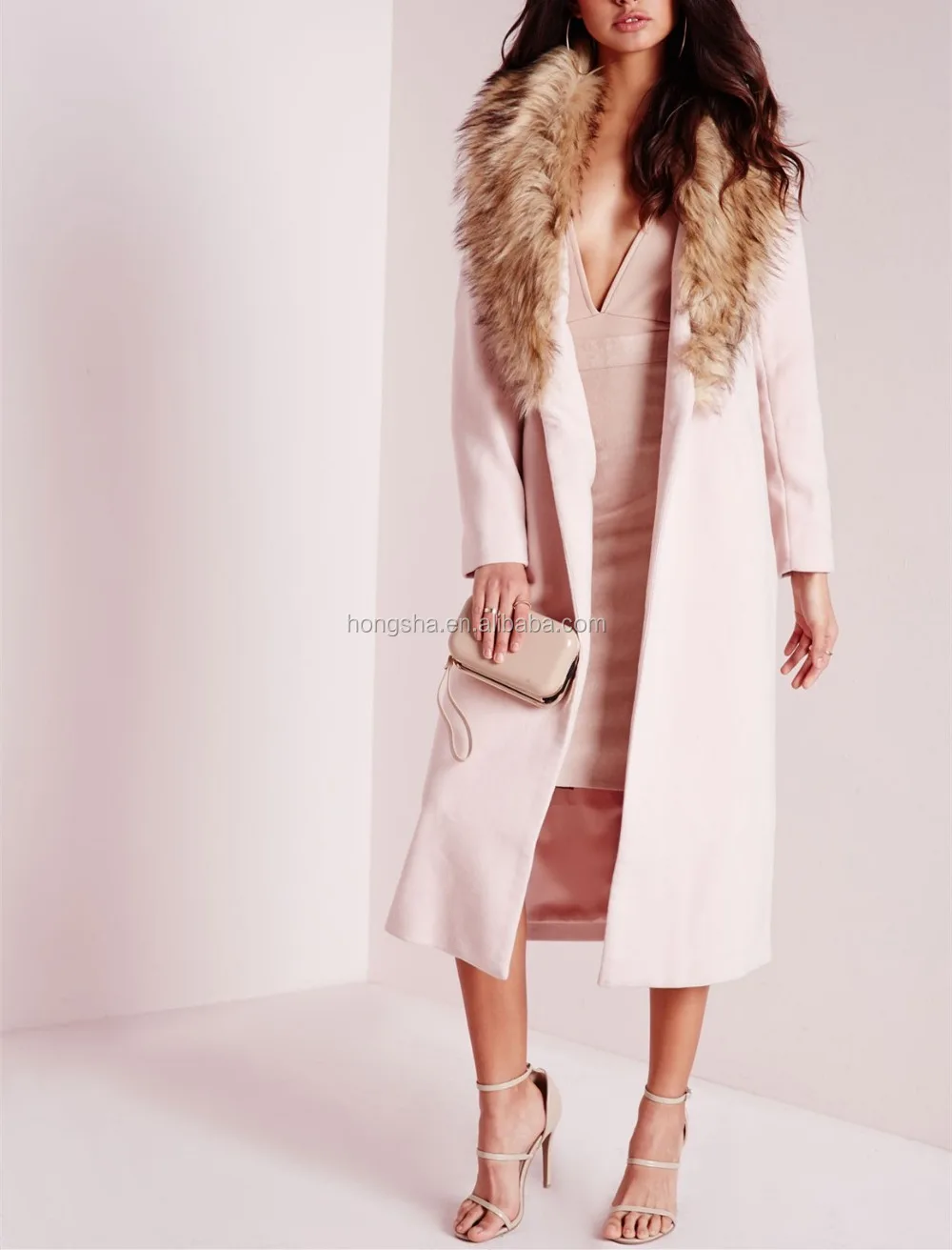 Ali  baba wool coat new faux fur collar longline blush pink winter coat HSJ3465