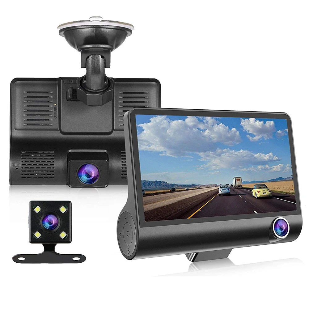 Newest FHD 1080P three cameras 4 inch dash cam front inside back recorder dvr car