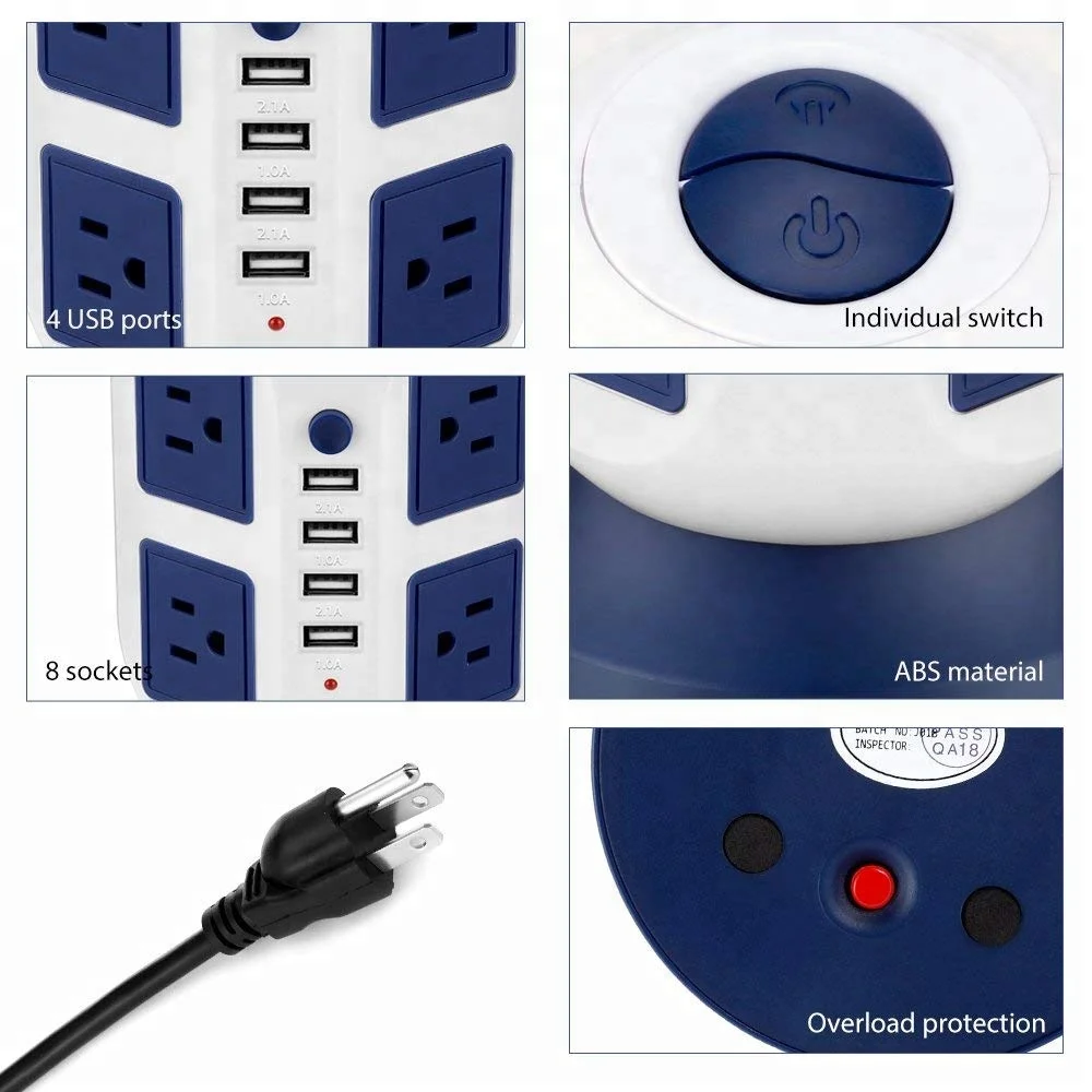 Power Strip Surge Protector, Strip Tower 8 Outlets 4USB Ports (2 X 2.1A),3 Power Switch with 6.5 Feet Extension Cord