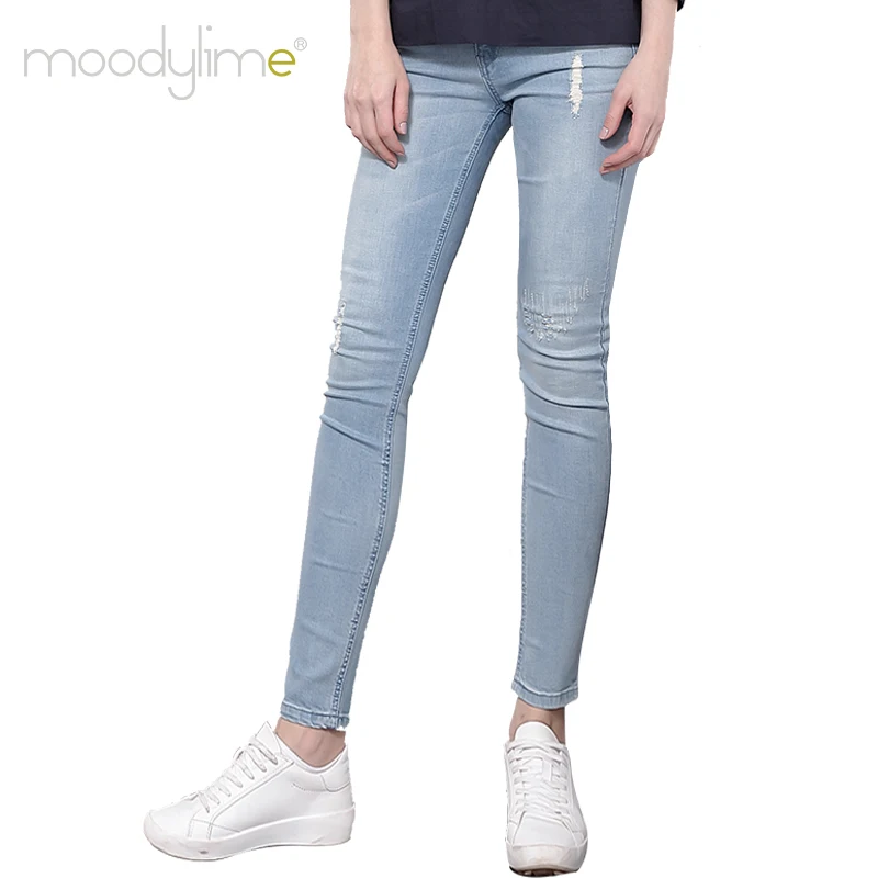 
Moodylime Light blue jeans sweet skinny High waist with elastic hot sale slim fit women jeans 