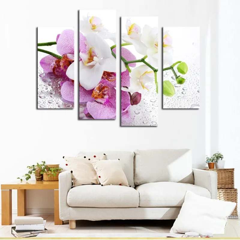 Living Room Decoration Print 4 Panel Floral Wall Art Painting Canvas Waterproof Flower Modern Shrink Wrap 3 Days 2 Years Accept