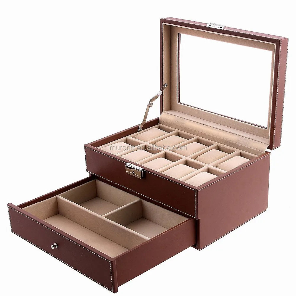 Drawer glass top lockable leather wrist watch box , 10 watch box with jewellery display