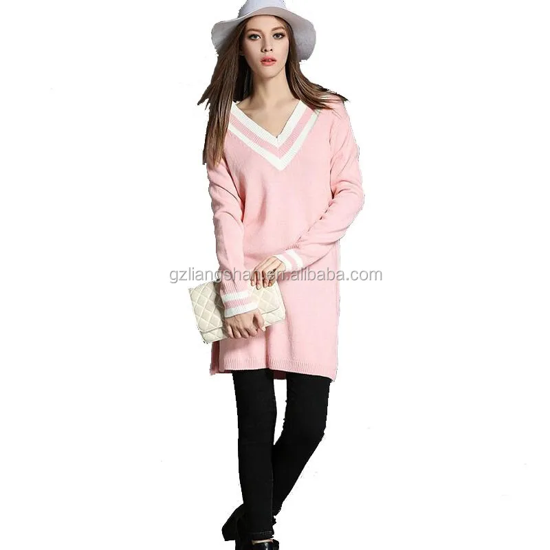 
Wholesale 2016 New Arrival Fashion V Collar Long Sleeve Straight Slit Sweater Dress 