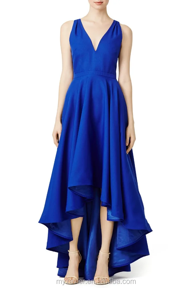 Blue crepe sleeveless v-neck evening dress with a high-low hem