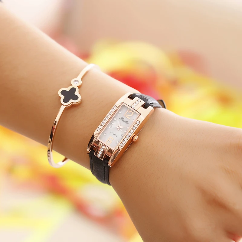 
Small Dial Watch for Women Rectangle Rhinestone Square Quartz Watch Leather Strap Ladies Dress Watches 