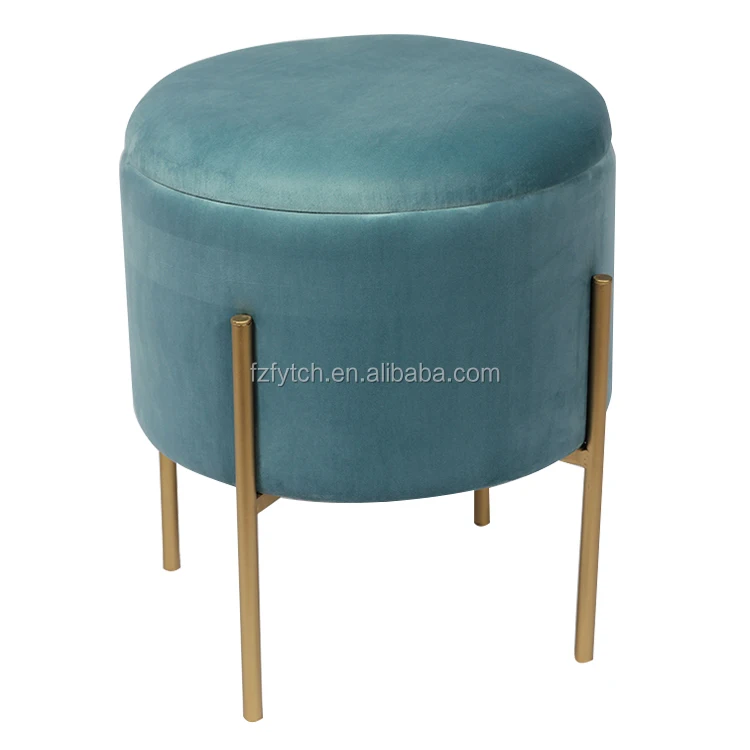 Modern Living Room Small Pouff Footstool Velvet Storage Ottoman Round Stool With Metal Legs