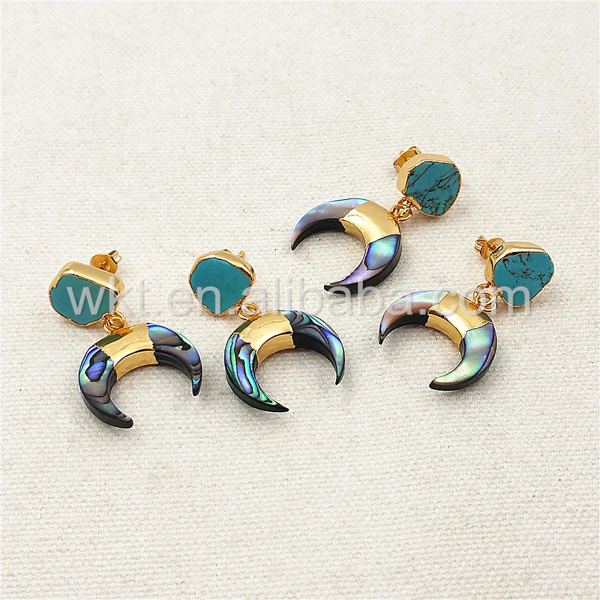 WT-E301 Newest Design Natural Abalone shell crescent horn Earring, 24k gold plated turquoise charm crescent horn earrings