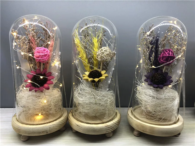 Wholesale preserved rose flowers artificial silk flower with LED light in glass dome perfect gift for festival