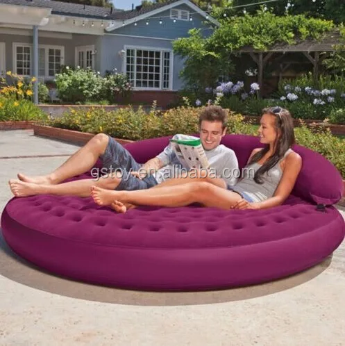 adult inflatable flocked round double air mattress with pillow