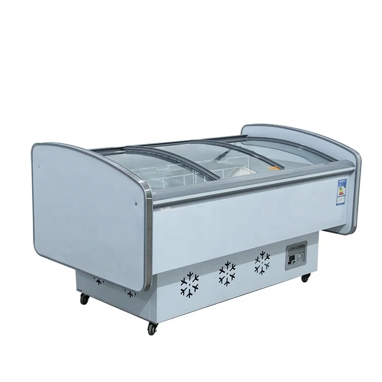 custom Curved side dish island horizontal commercial refrigerated display cabinet supermarket barbecue chest freezer